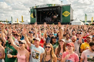 Foule en liesse devant la grande scène du festival des Vieilles Charrues lors d'un concert en plein air en Bretagne