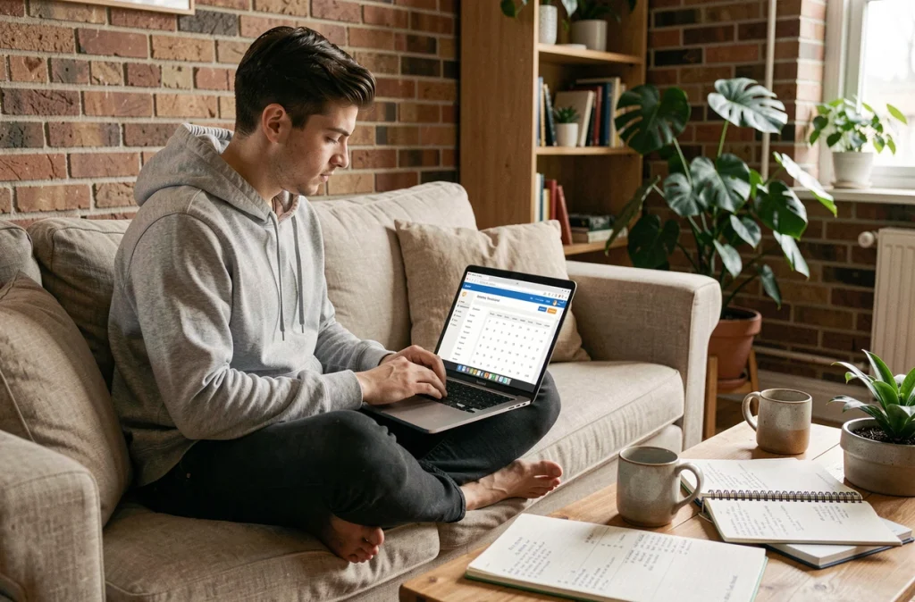 Jeune freelance calculant des échéances de projet sur un calculateur de dates en ligne depuis son bureau à domicile
