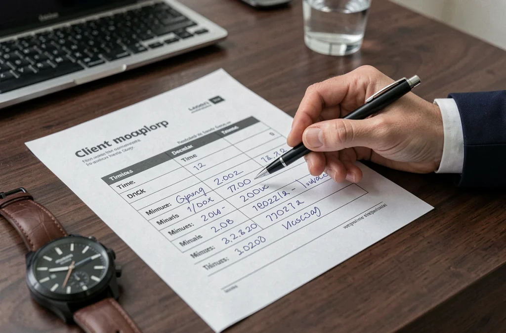 Gros plan d'une facture client avec conversion manuelle de minutes en heures et stylo sur bureau professionnel