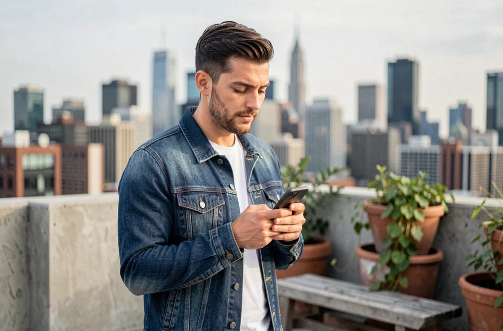 Homme pensif lisant une citation positive sur son téléphone sur une terrasse urbaine avec vue sur la ville en arrière-plan