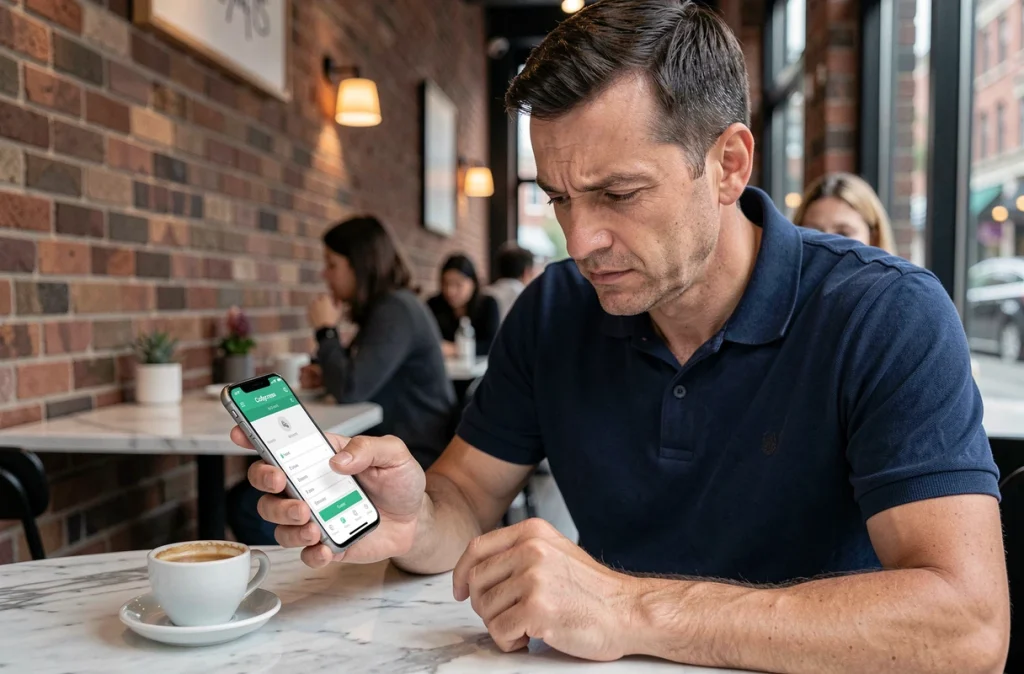 Homme jouant à Codycross sur smartphone dans un café, stratégie pour résoudre le mot du jour