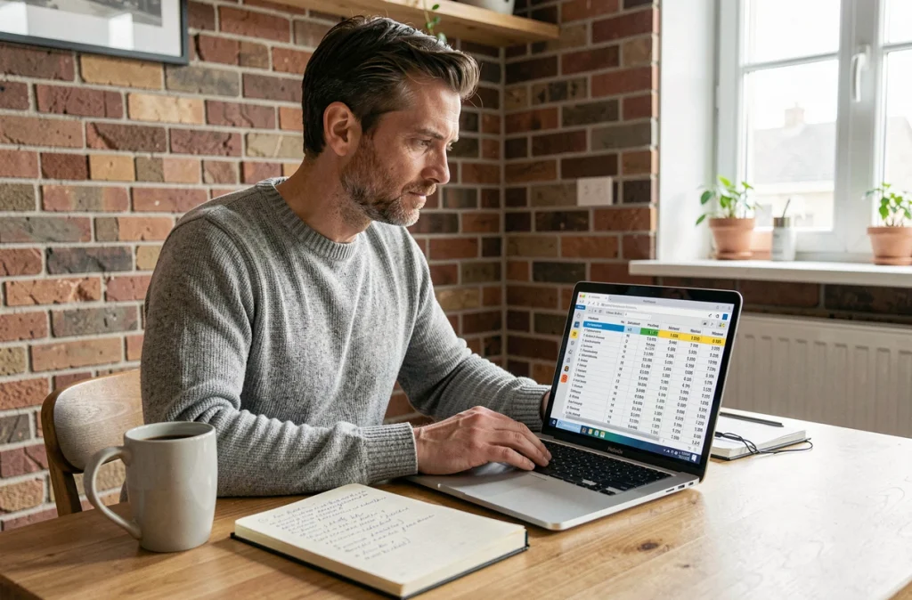 Travailleur indépendant convertissant des minutes en heures pour établir une facture client depuis son bureau à domicile