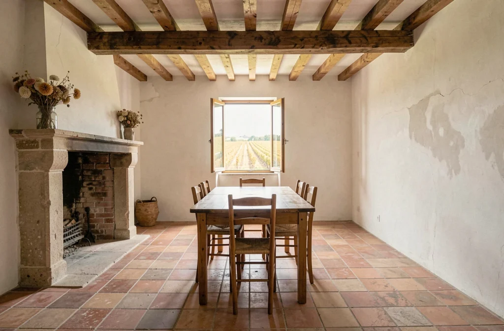 Intérieur authentique d'une résidence secondaire française avec poutres apparentes et cheminée en pierre