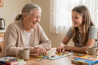 Une grand-mère et sa petite-fille jouent ensemble à un jeu de société à la cuisine, riant et partageant un moment intergénérationnel chaleureux