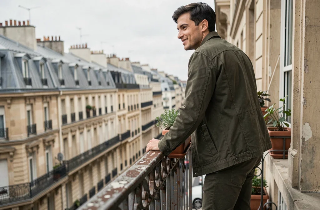 Jeune actif contemplant la rue depuis le balcon en fer forgé de son appartement haussmannien récemment acquis