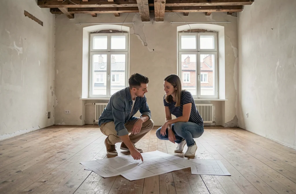 Jeune couple étudiant des plans de rénovation dans un appartement ancien vide aux poutres apparentes avant travaux