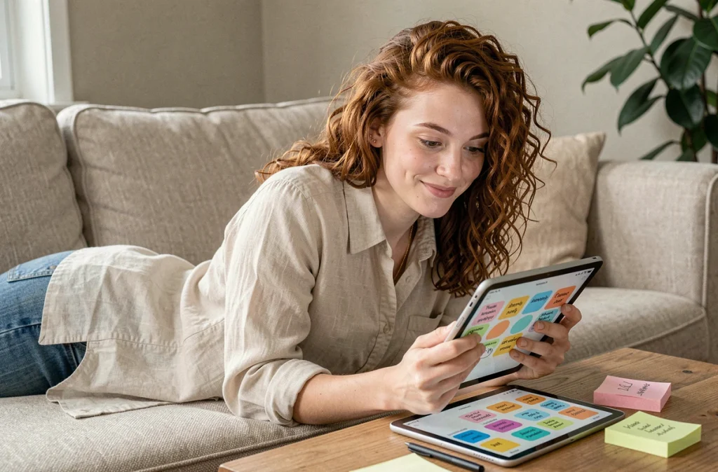 Jeune femme trouvant la réponse au mot du jour Codycross sur une tablette, stratégie de résolution de mots croisés
