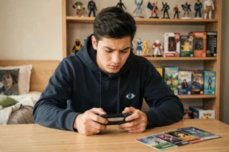 Joueur de Pokémon compétitif analysant ses cartes de type Psy sur une table en bois, entouré de figurines et d'une console de jeu