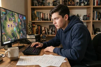 Joueur concentré devant son écran avec une carte de donjons RPG et des notes de stratégie pour obtenir le Dofus Pourpre