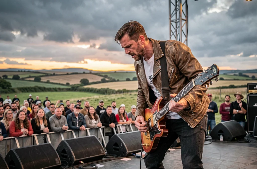 Guitariste en pleine performance sur la scène secondaire du festival des Vieilles Charrues au crépuscule