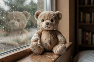 Ourson en peluche usé avec une patte bandée posé sur un rebord de fenêtre sous la pluie, symbolisant la fragilité intérieure et la blessure émotionnelle
