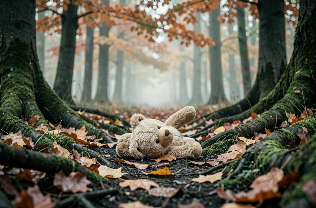 Vieil ourson en peluche usé allongé sur un sol forestier recouvert de feuilles mortes et de mousse en automne, évoquant l'isolement, la blessure symbolique et la fragilité de l'âme