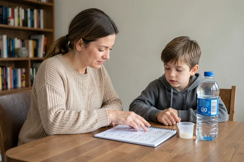 Mère aidant son enfant à comprendre la conversion d'un litre en millilitres pour les devoirs de maths avec une bouteille d'eau comme exemple concret