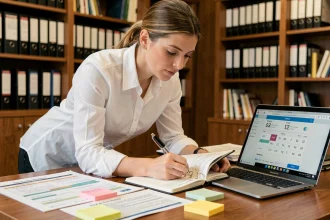 Professionnelle calculant des délais de projet sur un bureau avec un planificateur et un ordinateur portable affichant un calculateur de dates