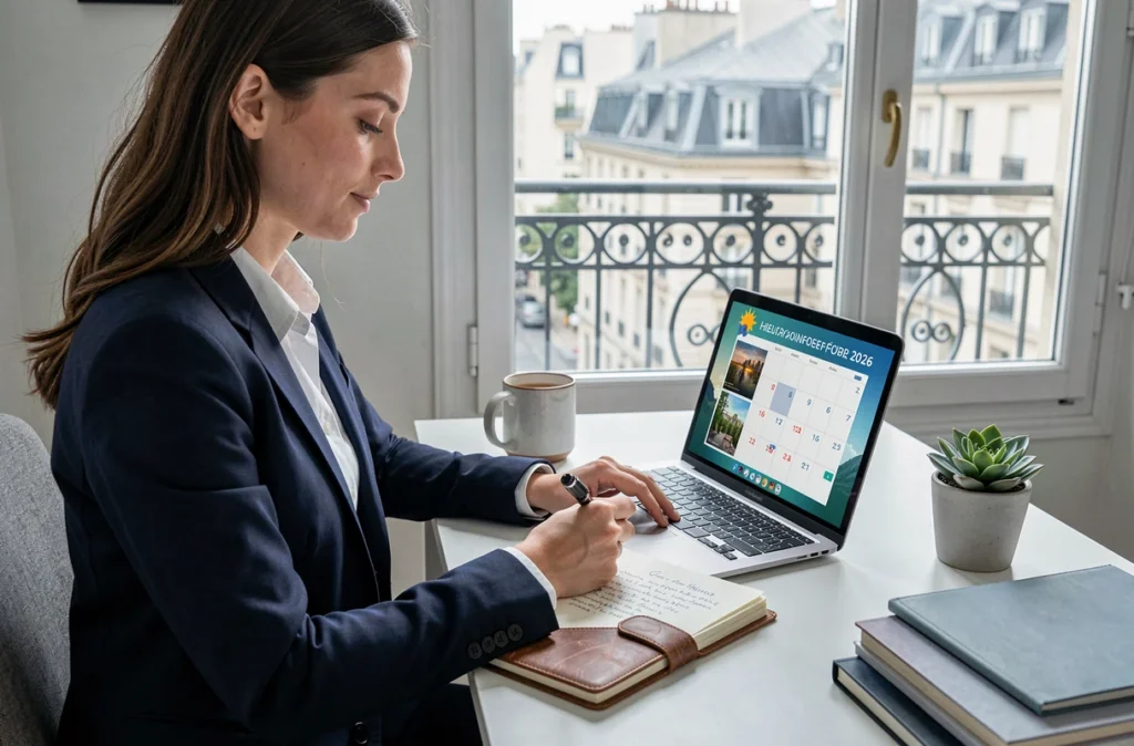 Jeune professionnelle parisienne consultant un calendrier numérique des jours fériés 2026 dans un appartement haussmannien