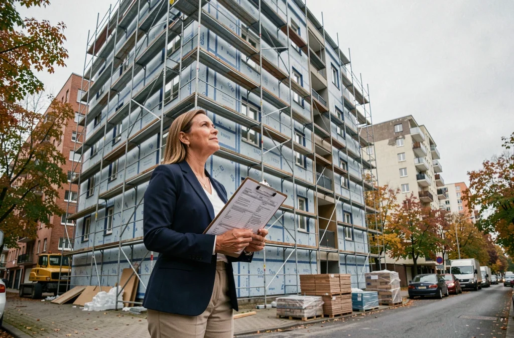 Promotrice immobilière inspectant la rénovation énergétique d'un immeuble résidentiel en chantier