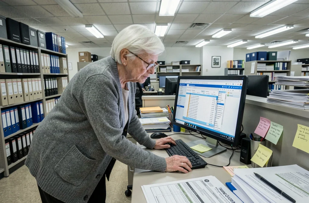 Chercheuse consultant une base de données généalogique dans un bureau d'archives municipales pour démêler des rumeurs sur une date de naissance