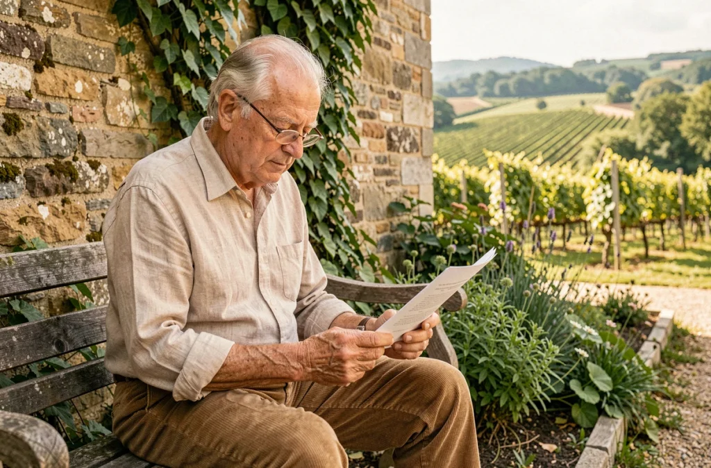 Un retraité français lit des documents de viager assis dans le jardin de sa ferme en Bourgogne