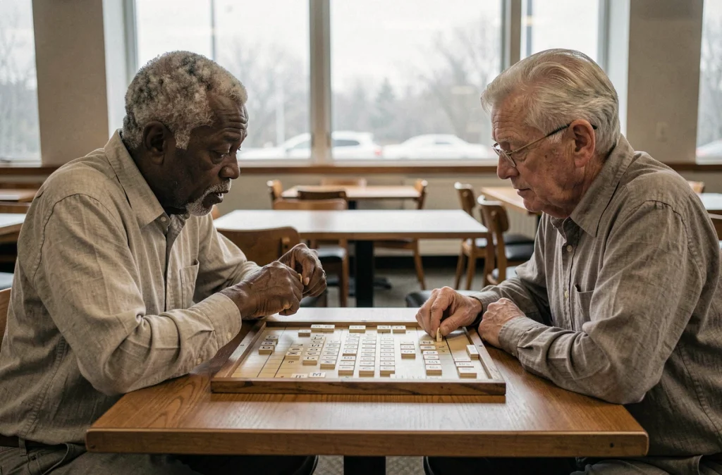 Deux hommes âgés jouent à un jeu de lettres dans une salle communautaire, symbolisant le lien social et le partage intergénérationnel par le jeu de société