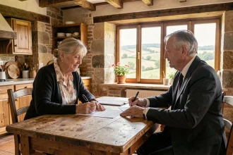 Une femme âgée signe un contrat de viager avec un notaire dans une maison de campagne en pierre en France