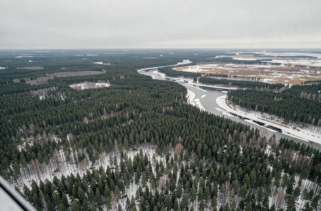 Vue aérienne de l'immense taïga sibérienne en automne, illustrant la superficie colossale de la Russie et son rôle dans le climat mondial