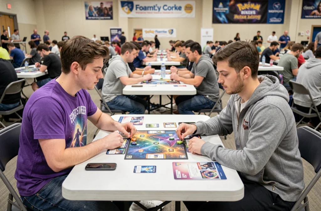 Deux joueurs en duel lors d'un tournoi de Pokémon compétitif avec des cartes de type Psy disposées sur la table de jeu