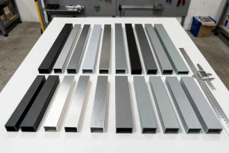 Tubes rectangulaires en aluminium avec différentes finitions anodisées et laquées posés sur un plan de travail d'atelier industriel
