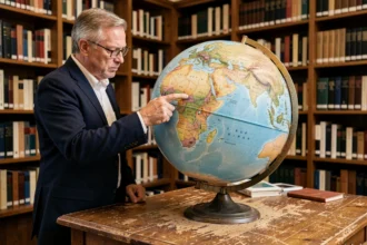 Chercheur pointant la position de la Turquie sur un globe terrestre montrant la frontière entre l'Europe et l'Asie