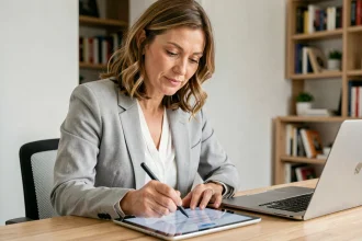 Femme signant un document immobilier numérique sur tablette dans un bureau à domicile moderne