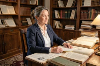 Femme consultant des archives historiques pour vérifier une date de naissance controversée, entourée de documents anciens