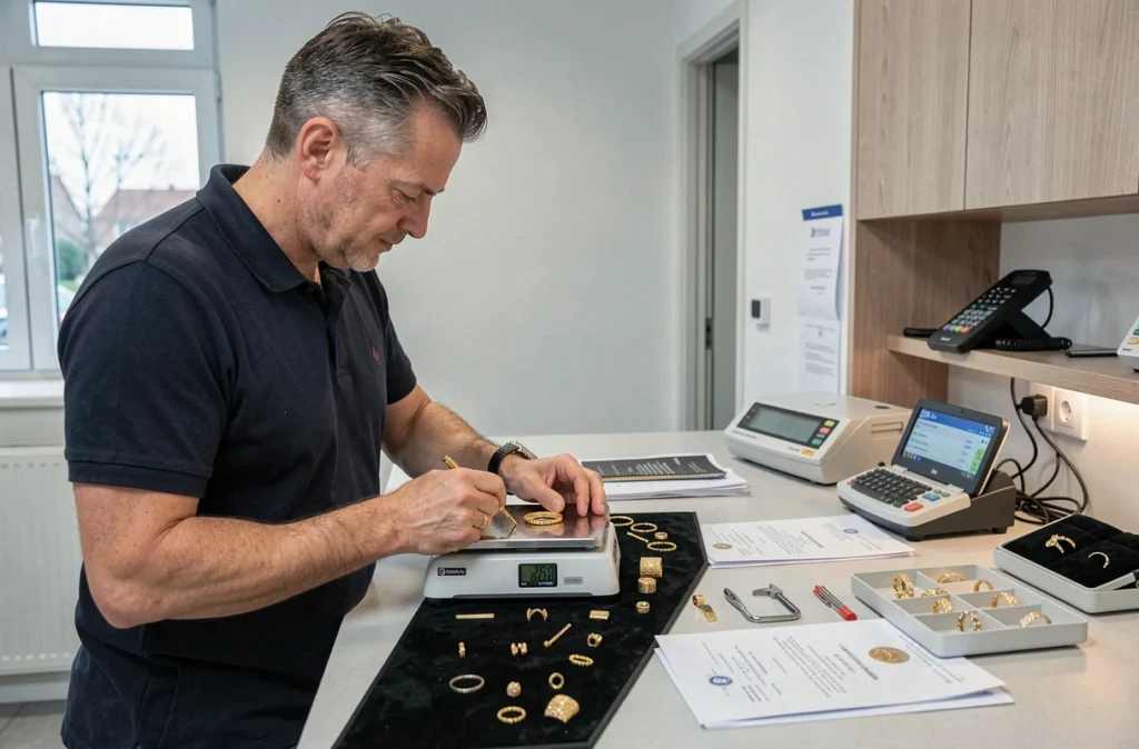 Expert en rachat d'or évaluant des bijoux en or sur balance de précision chez Achat Or Chelles