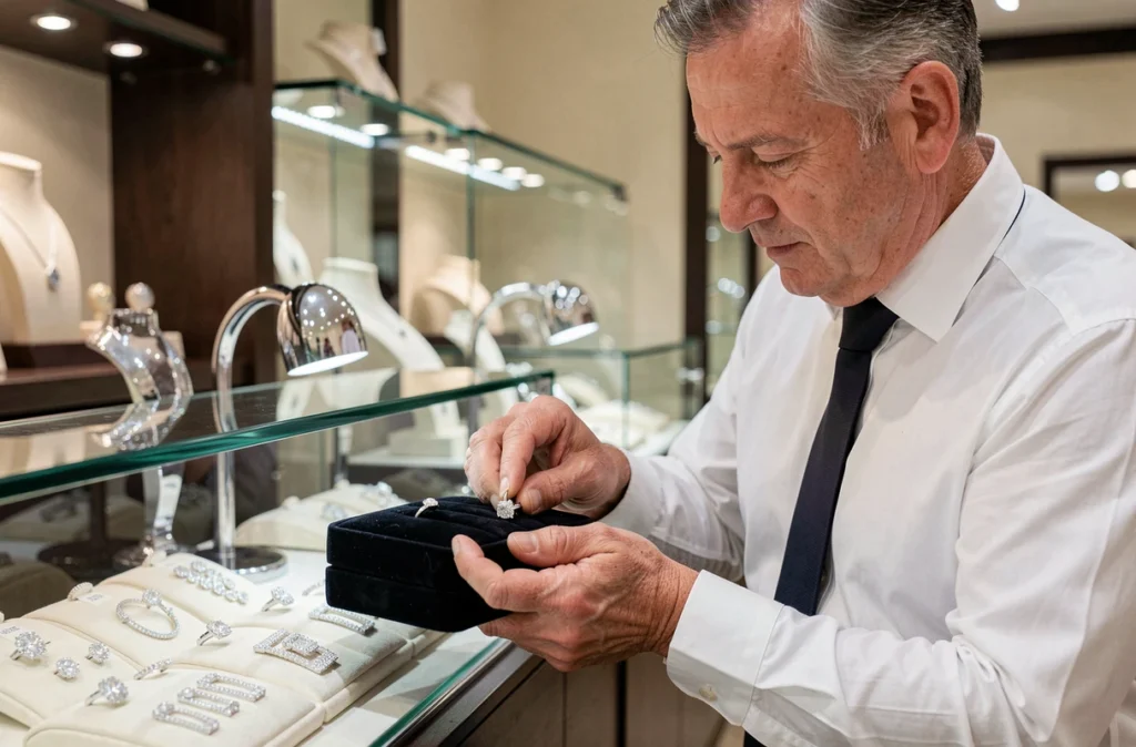 Joaillier diamantaire présentant une bague solitaire chez Arts et Bijoux à Melun