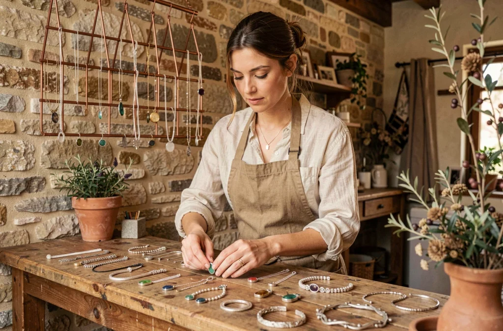 Créatrice de bijoux arrangeant sa collection artisanale dans L'Atelier d'Ode à Provins