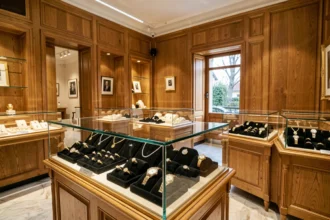 Intérieur d'une bijouterie élégante en Seine-et-Marne avec vitrines de bijoux en or et diamants