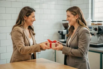Deux collègues échangeant un cadeau pas cher emballé avec soin dans une salle de pause de bureau moderne