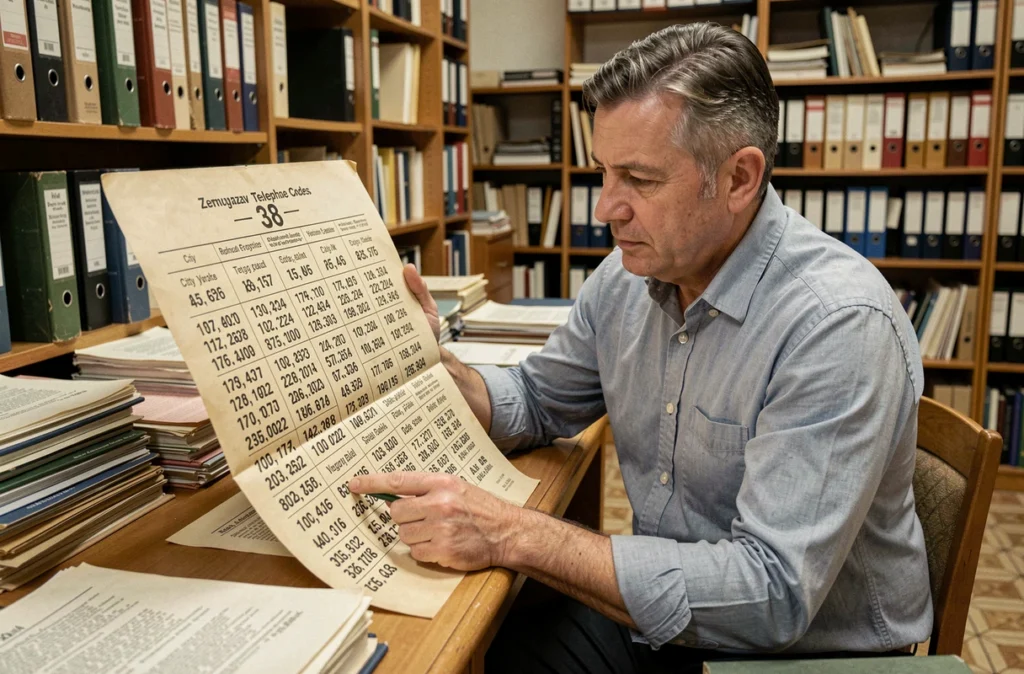Homme consultant un tableau des indicatifs téléphoniques yougoslaves dans une archive documentaire avec le code pays 38 visible