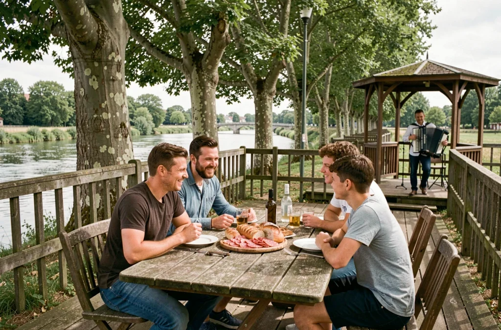 Famille profitant d'un dimanche convivial à la guinguette de La Madeleine avec vue sur la rivière et musicien en fond