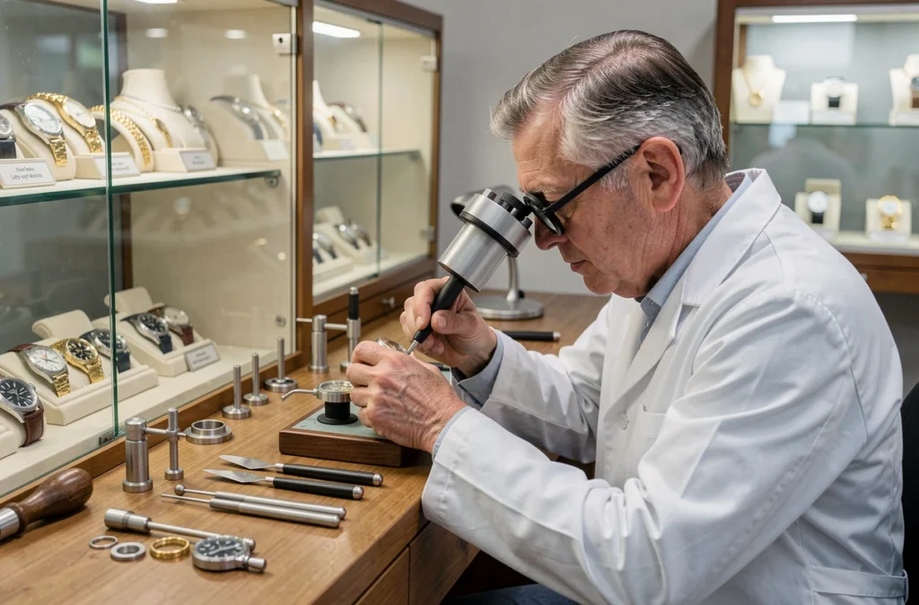 Bijoutier-horloger réparant une montre de luxe dans l'atelier de Frédéric Parisse à Lagny-sur-Marne