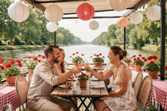 Groupe d'amis attablés en terrasse à la guinguette de La Madeleine près de Lille, ambiance conviviale au bord de l'eau