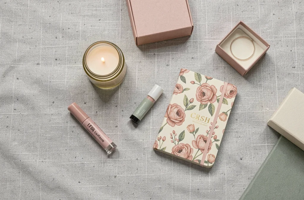 Sélection de petits cadeaux féminins à moins de 5 euros disposés en flat lay sur un tissu lin gris clair