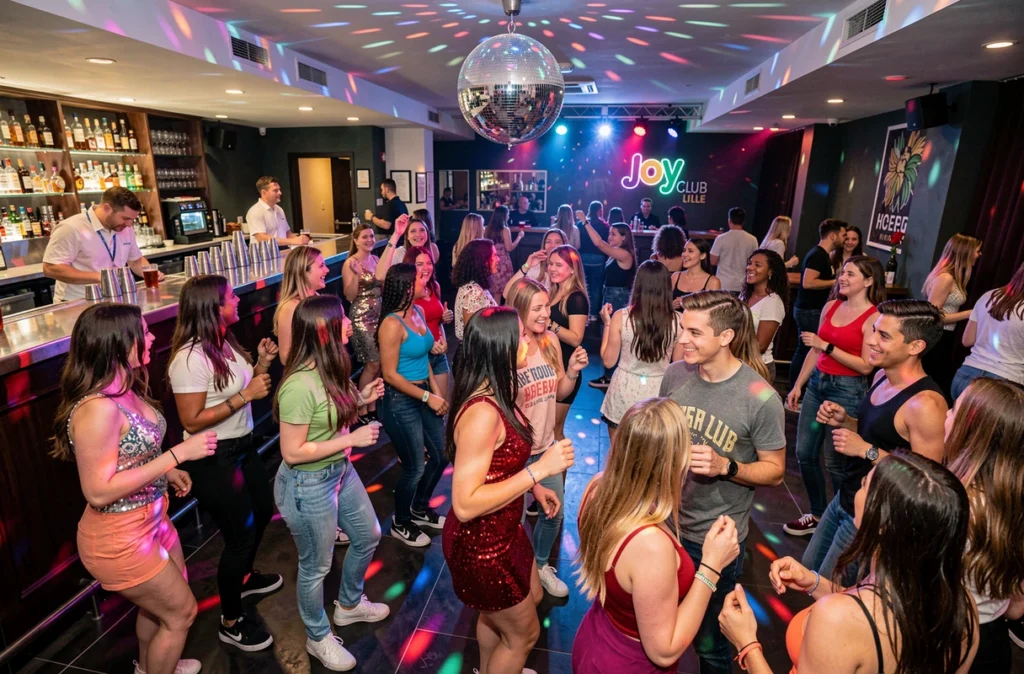 Ambiance festive et généraliste du Joy Club Lille avec une foule diverse dansant au centre-ville