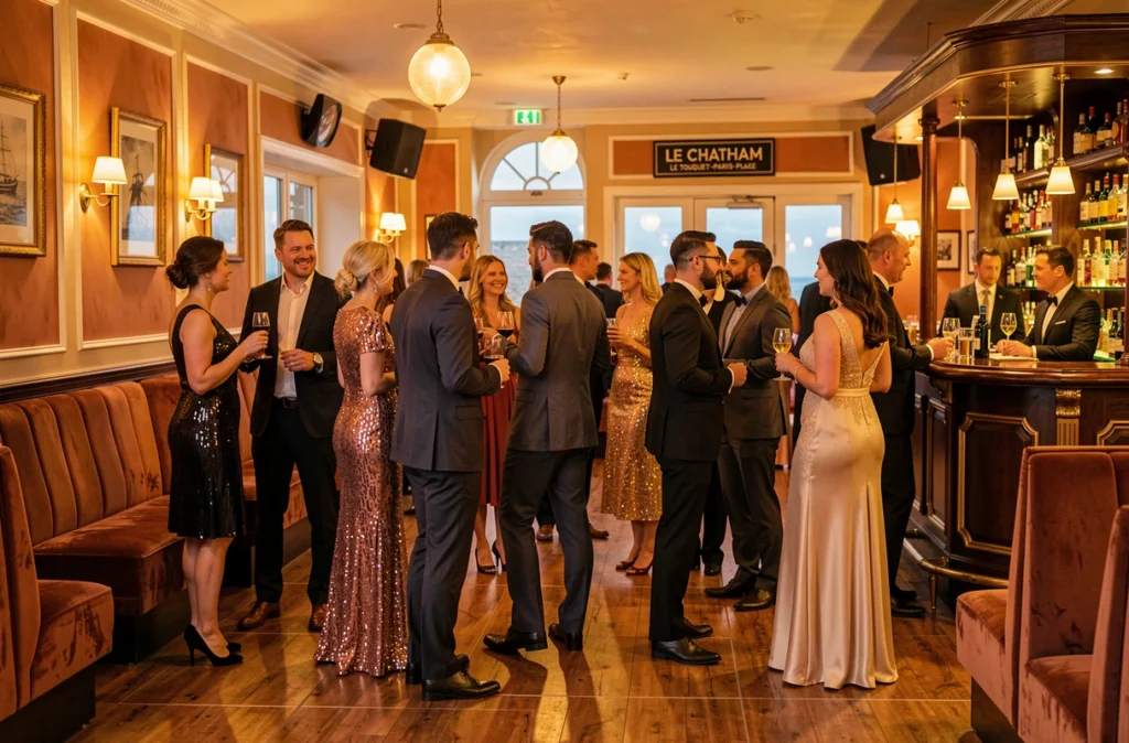 Intérieur élégant de la boîte de nuit historique Le Chatham au Touquet-Paris-Plage avec une clientèle sophistiquée