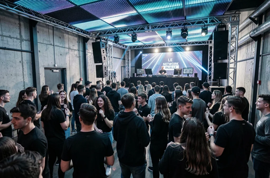 Intérieur du club électro Le Network à Lille avec une cabine DJ et une foule dansant sur de la musique électronique
