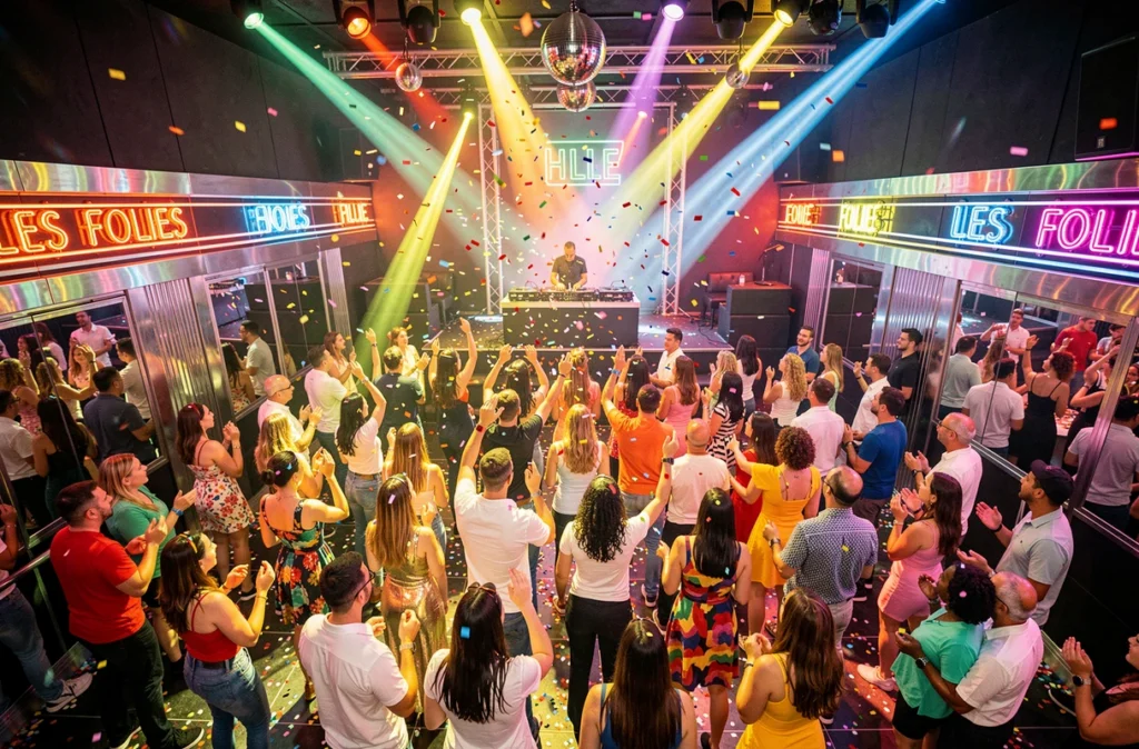 Discothèque festive Les Folies à Lille avec confettis, déco disco et foule en train de danser