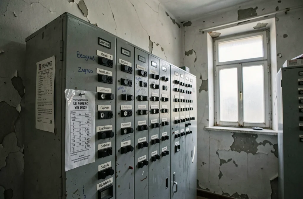 Ancien standard téléphonique yougoslave avec étiquettes de villes et l'indicatif pays 38 sur une fiche de numérotation