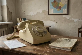 Ancien téléphone à cadran rotatif des années 1970 avec un annuaire téléphonique yougoslave et un numéro commençant par l'indicatif 38
