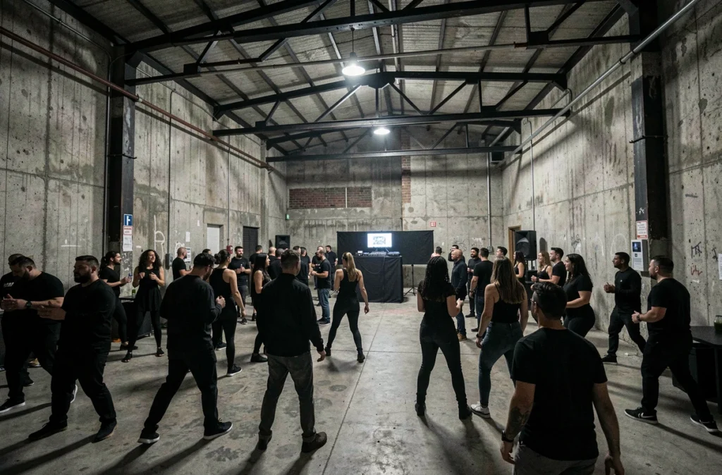 Espace techno sombre et industriel de The Room à Lille avec une foule en tenue noire et une cabine DJ minimaliste