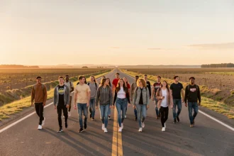 Groupe de jeunes marchant ensemble vers l'horizon au crépuscule