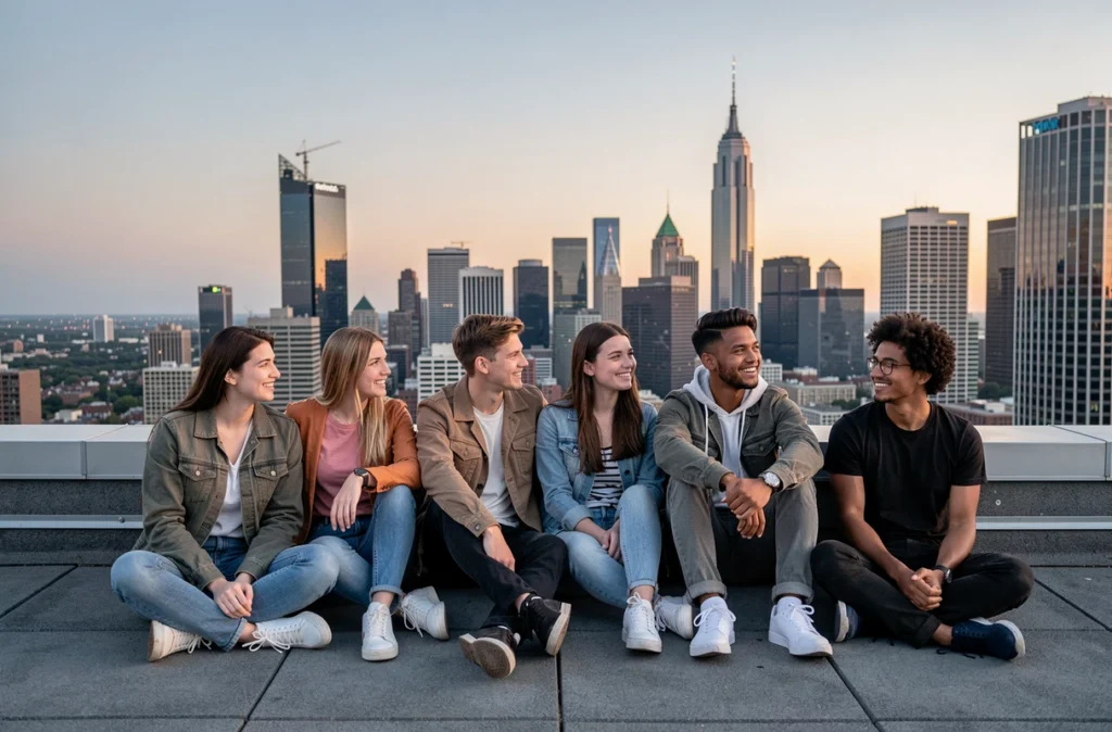 Jeunes assis ensemble sur un toit face à la ville au crépuscule