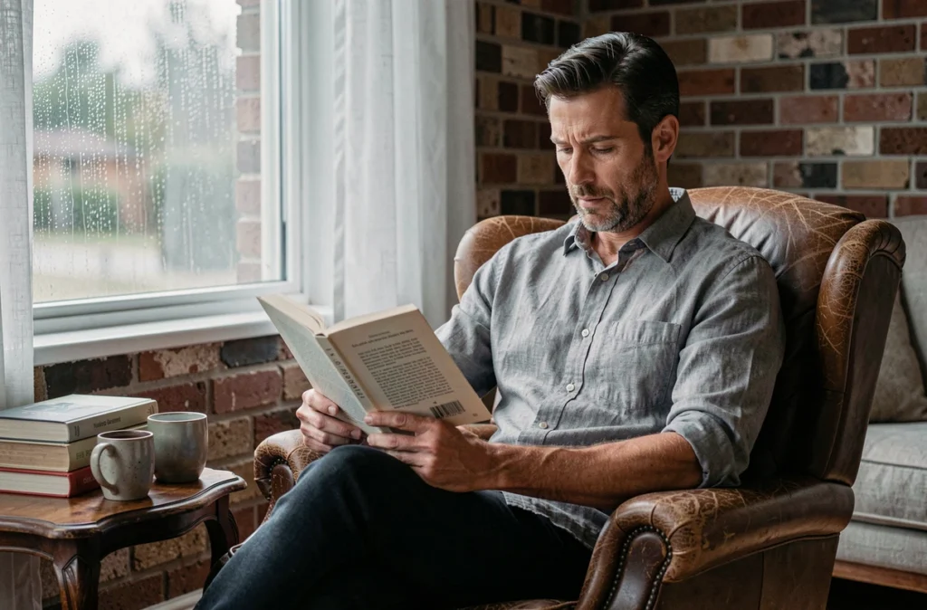 Un homme lit dans l'ordre les romans de la trilogie de Pierre Lemaitre installé dans un fauteuil en cuir près d'une fenêtre avec les livres empilés à côté de lui